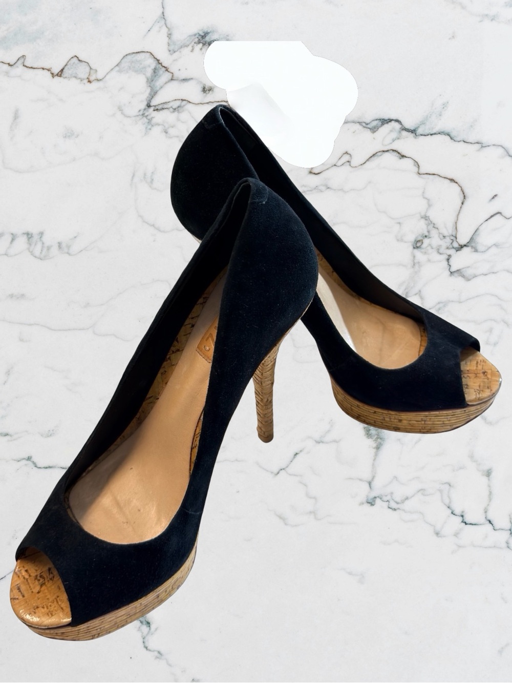 Schutz Black Suede Peep-Toe Platform Stiletto Heels Cork Bamboo Texture Sz 10 - Picture 6 of 13